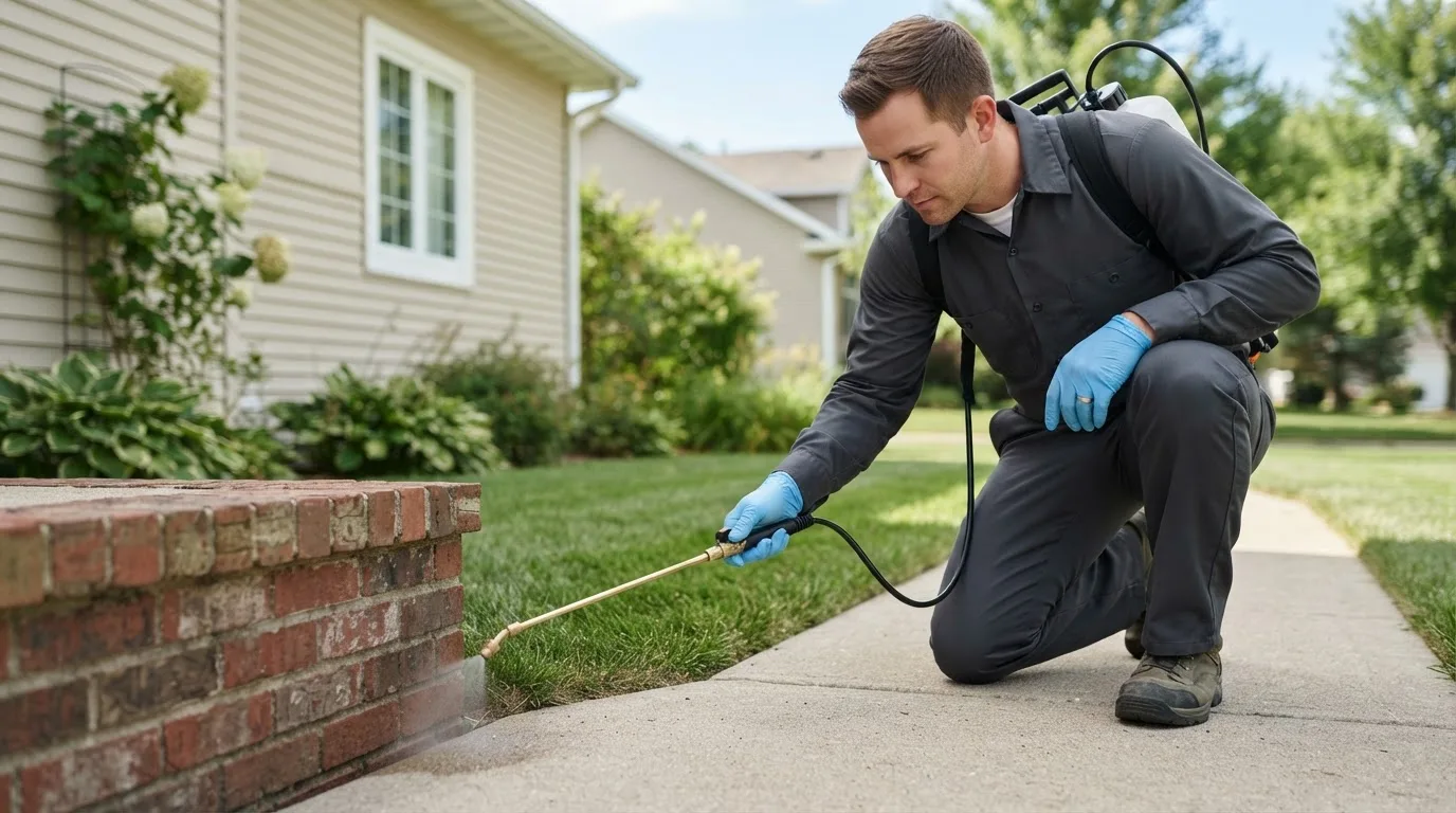 Pest control technician treating a home near Crystal, ND