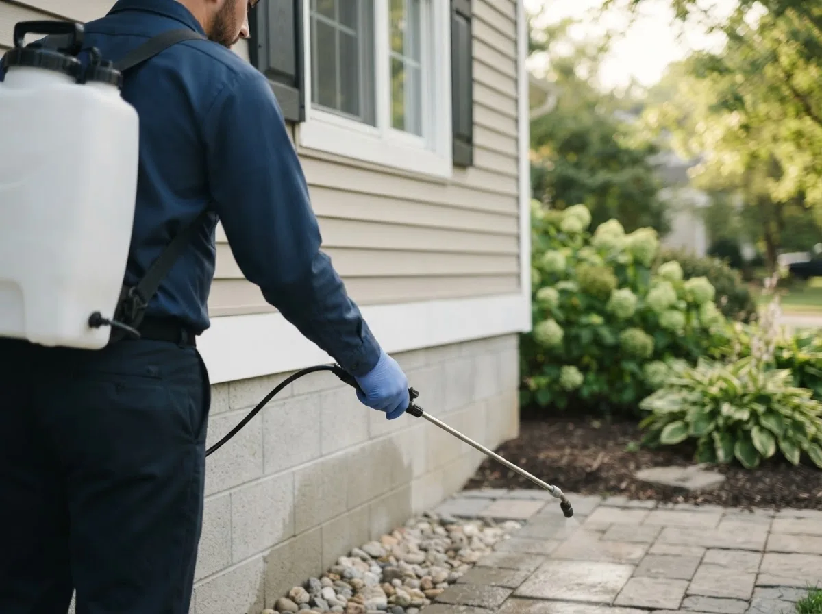 Pest control technician inspecting a home in Crystal, ND